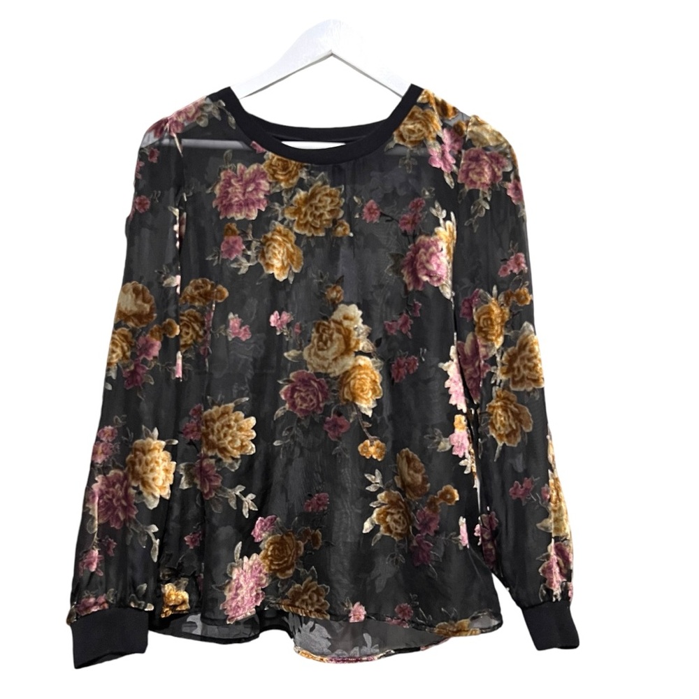 A NEW DAY Sheer Floral Velvet Application Sweatshirt Top Crewneck Black Sz S - Picture 7 of 12